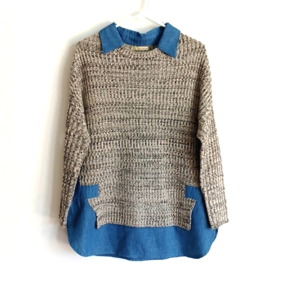 Marled Knit & Chambray Tunic Sweater S